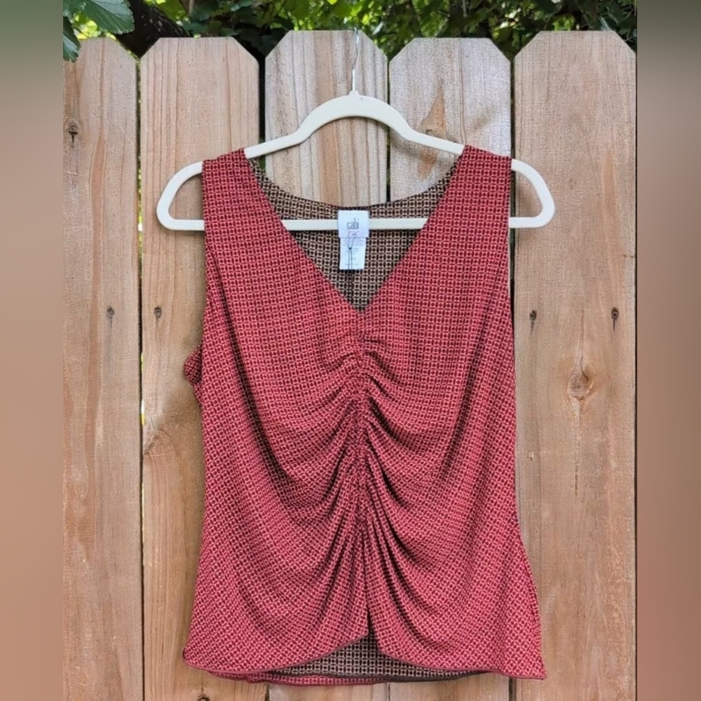 Cabi Maroon Red Geometric Patterned Mesh Runched Sleeveless Top